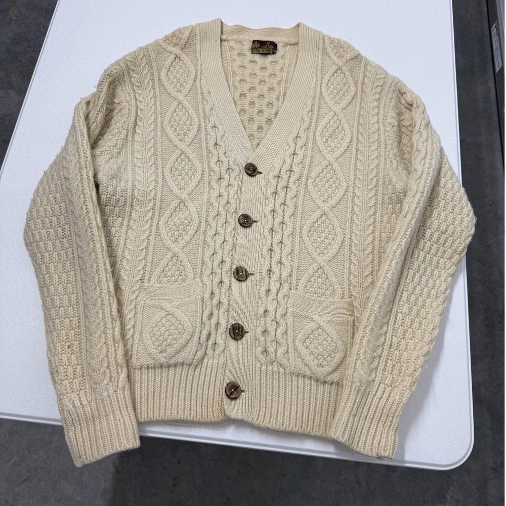 vintage Kings Head Mens XL Cable Knit Wool Cardigan Sweater Sears
